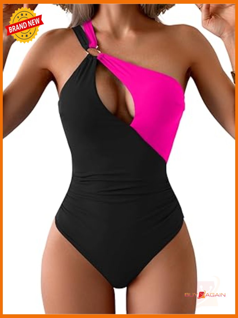 One Shoulder Cutout Tummy Control One Piece Swimsuit, Medium Stretch, Nylon